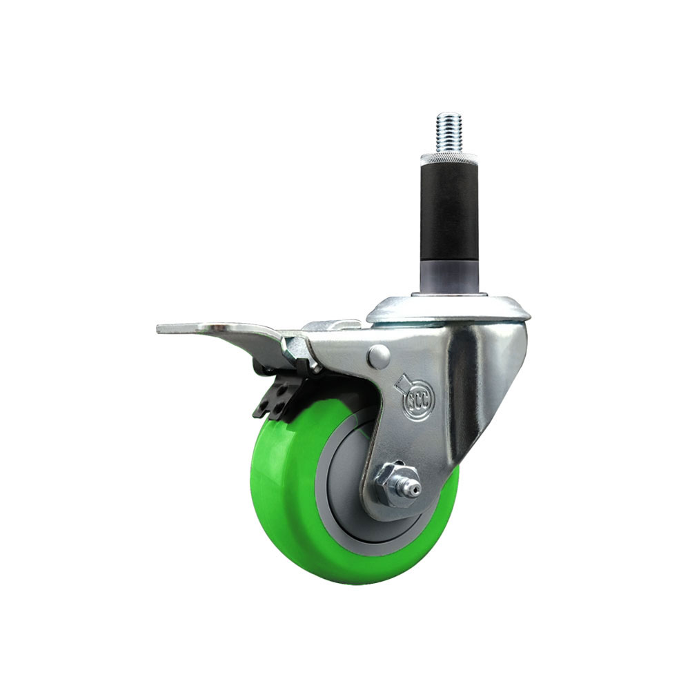Stainless Steel Polyurethane Expanding Stem Swivel Caster with 3 Inch Green Wheel and 1-1/8" Stem & Total Locking Brake - 300 lbs. Capacity Per Caster - Service Caster Brand — photo 1