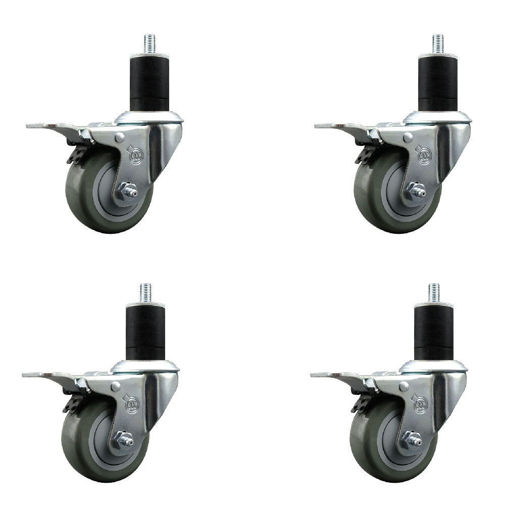 Stainless Steel Polyurethane Swivel Expanding Stem Caster Set of 4 with 3 Inch Gray Wheels and 1-3/4" Stems - 4 Swivel with Total Locking Brakes - 300 lbs. Capacity Per Caster - Service Caster Brand — photo 1