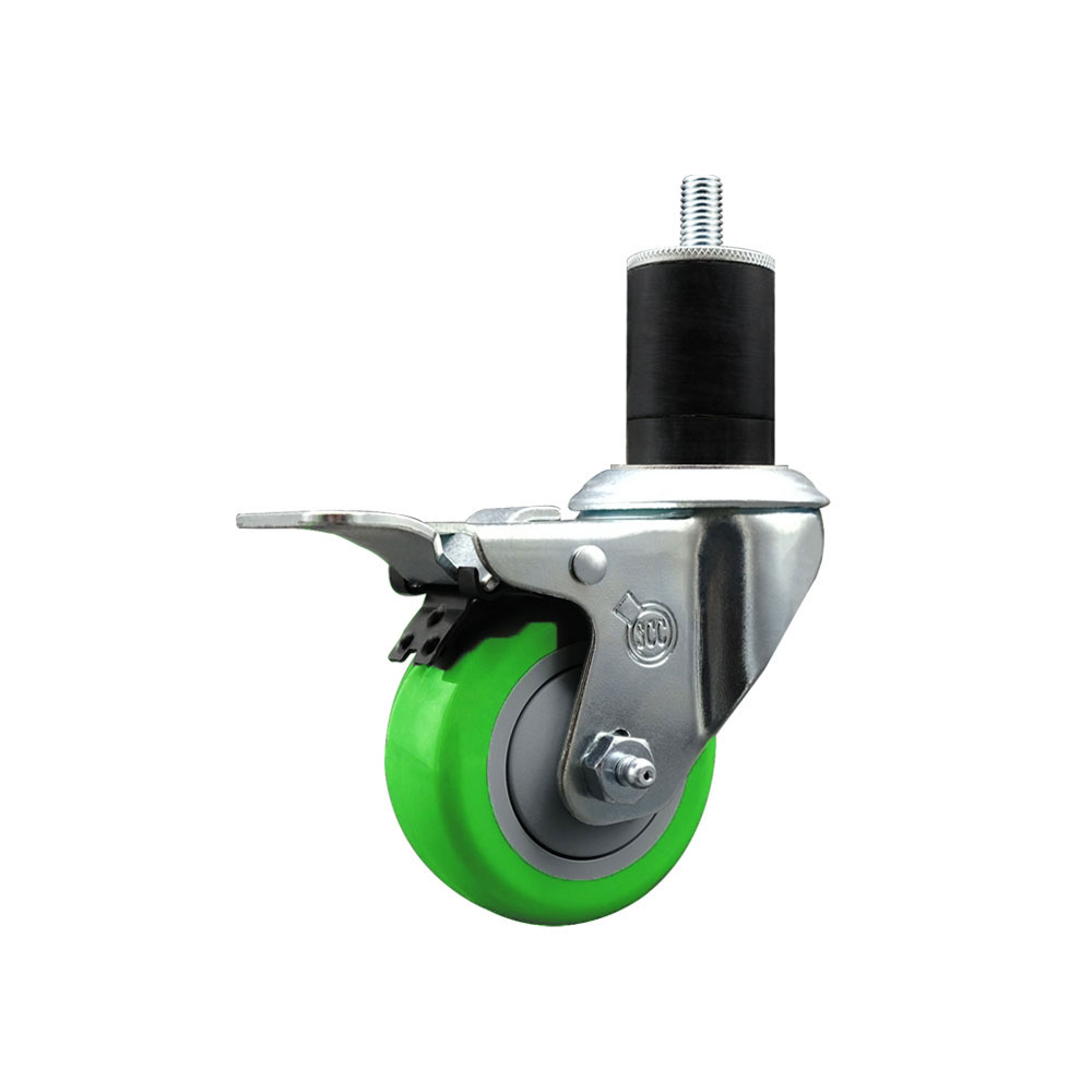 Stainless Steel Polyurethane Expanding Stem Swivel Caster with 3 Inch Green Wheel and 1-3/4" Stem & Total Locking Brake - 300 lbs. Capacity Per Caster - Service Caster Brand — photo 1