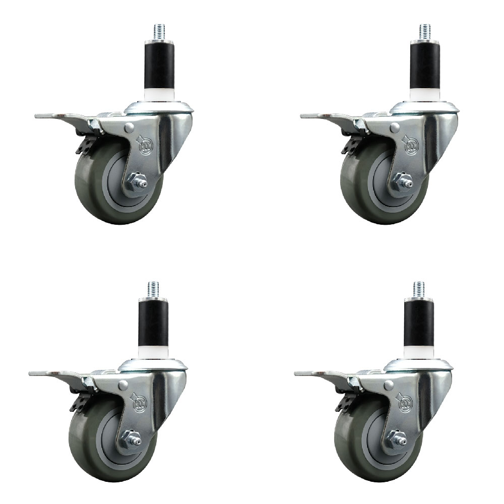 Polyurethane Swivel Expanding Stem Caster Set of 4 with 3 Inch Gray Wheels and 1-3/8" Stems - Includes 4 Swivel with Total Locking Brakes - 300 lbs. Capacity Per Caster - Service Caster Brand — photo 1