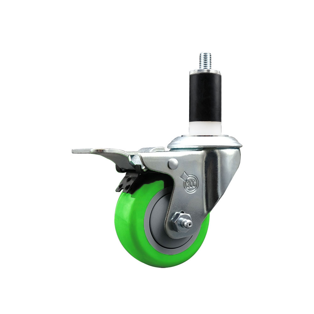 Stainless Steel Polyurethane Expanding Stem Swivel Caster with 3 Inch Green Wheel and 1-3/8" Stem & Total Locking Brake - 300 lbs. Capacity Per Caster - Service Caster Brand — photo 1