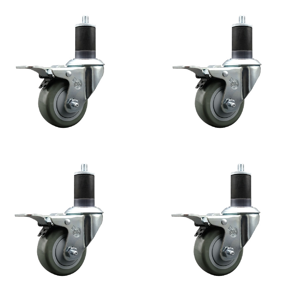 Stainless Steel Polyurethane Swivel Expanding Stem Caster Set of 4 with 3 Inch Gray Wheels and 1-5/8" Stems - 4 Swivel with Total Locking Brakes - 300 lbs. Capacity Per Caster - Service Caster Brand — photo 1