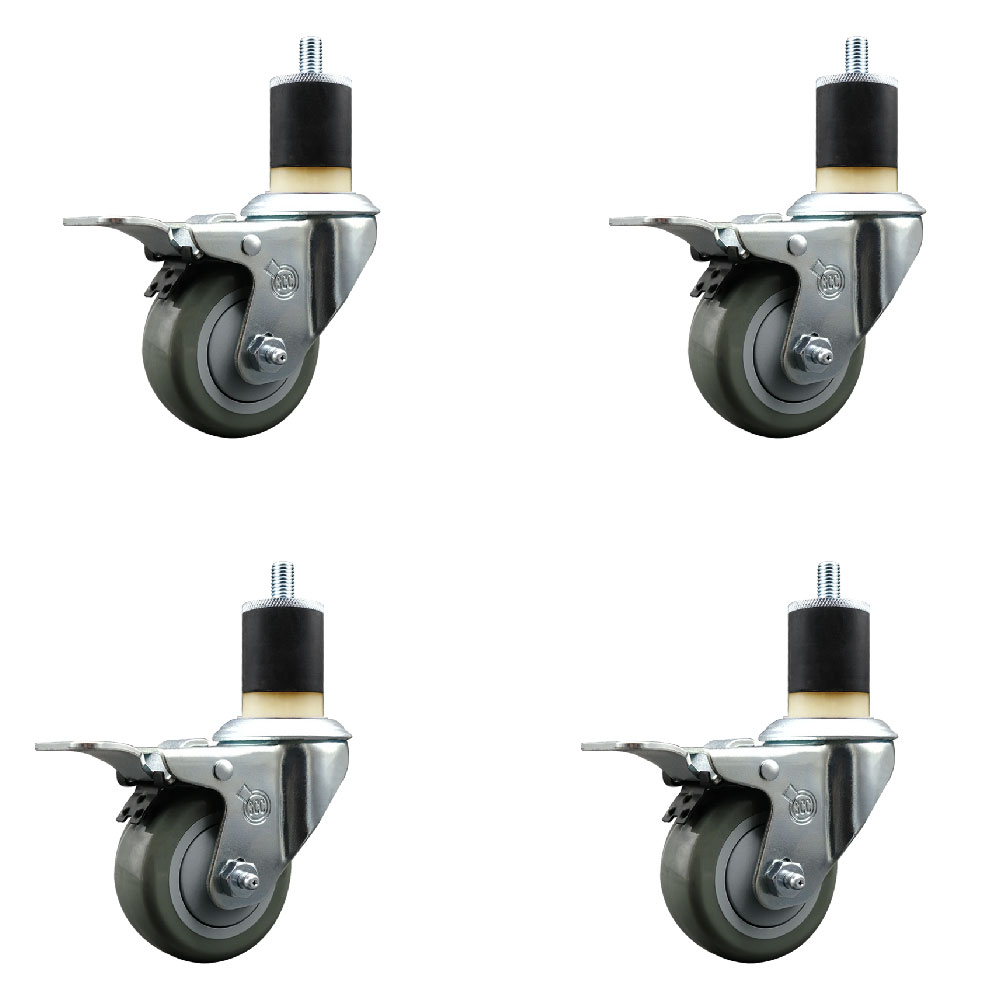 Stainless Steel Polyurethane Swivel Expanding Stem Caster Set of 4 with 3 Inch Gray Wheels and 1-7/8" Stems - 4 Swivel with Total Locking Brakes - 300 lbs. Capacity Per Caster - Service Caster Brand — photo 1