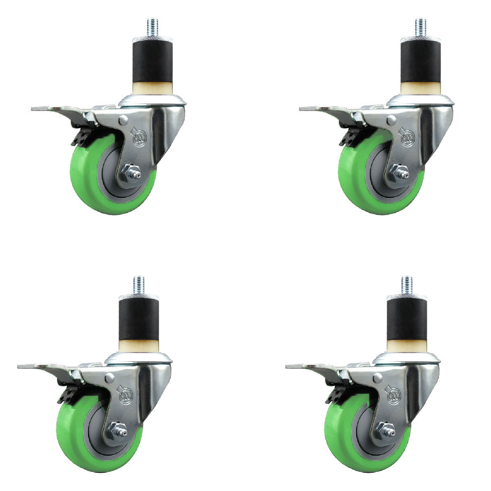 Stainless Steel Polyurethane Swivel Expanding Stem Caster Set of 4 with 3 Inch Green Wheels and 1-7/8" Stems-Includes 4 Swivel with Total Locking Brake-300lbs. Capacity Per Caster-Service Caster Brand — photo 1