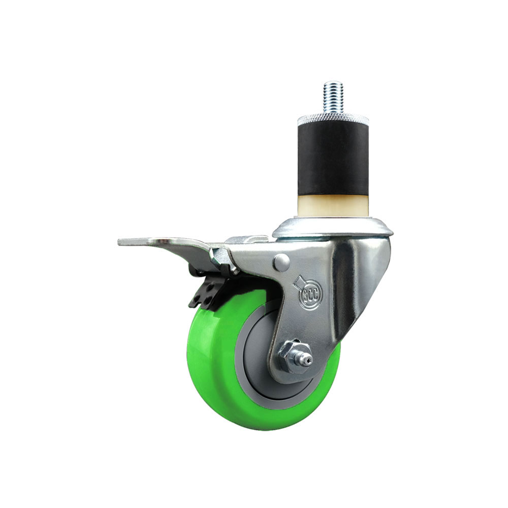 Stainless Steel Polyurethane Expanding Stem Swivel Caster with 3 Inch Green Wheel and 1-7/8" Stem & Total Locking Brake - 300 lbs. Capacity Per Caster - Service Caster Brand — photo 1
