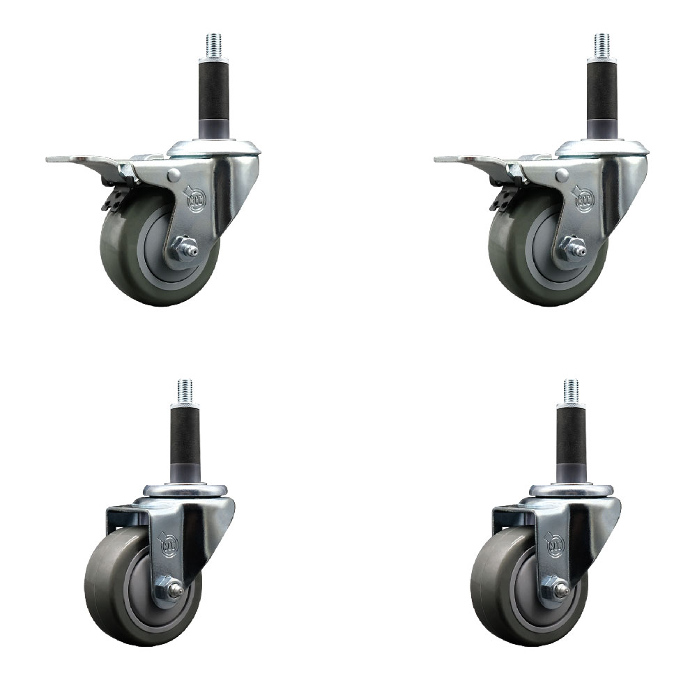 Polyurethane Swivel Expanding Stem Caster Set of 4 with 3 Inch Gray Wheels and 1" Stems - Includes 2 with Total Locking Brakes - 1200 lbs Total Capacity - Service Caster Brand — photo 1