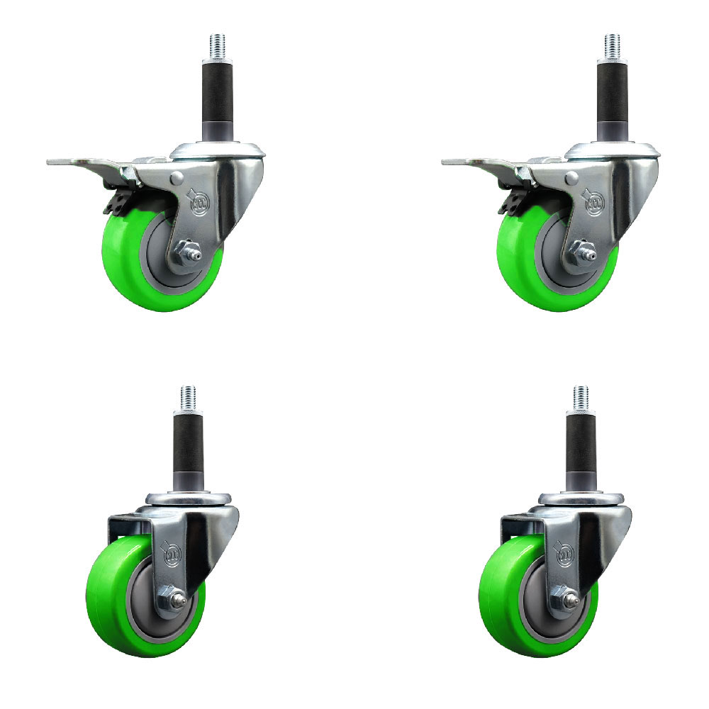 Stainless Steel Polyurethane Swivel Expanding Stem Caster Set of 4 with 3 Inch Green Wheels and 1" Stems - Includes 2 with Total Locking Brakes - 1200 lbs Total Capacity - Service Caster Brand — photo 1