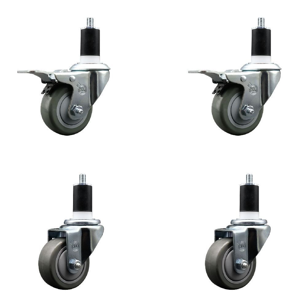Stainless Steel Polyurethane Swivel Expanding Stem Caster Set of 4 with 3 Inch Gray Wheels and 1-1/2" Stems - Includes 2 with Total Locking Brakes - 1200 lbs Total Capacity - Service Caster Brand — photo 1