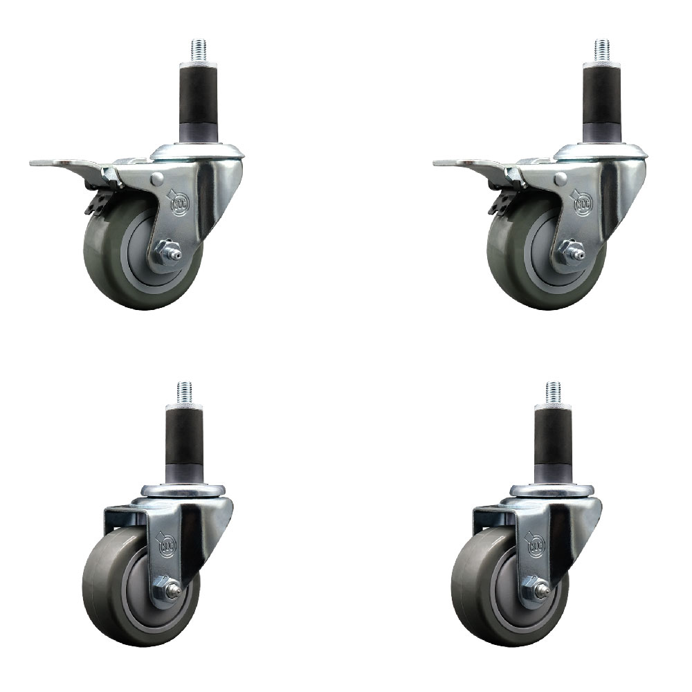 Stainless Steel Polyurethane Swivel Expanding Stem Caster Set of 4 with 3 Inch Gray Wheels and 1-1/4" Stems - Includes 2 with Total Locking Brakes - 1200 lbs Total Capacity - Service Caster Brand — photo 1