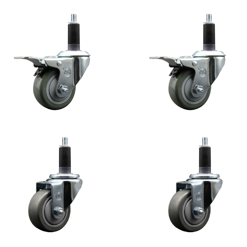Polyurethane Swivel Expanding Stem Caster Set of 4 with 3 Inch Gray Wheels and 1-1/8" Stems - Includes 2 with Total Locking Brakes - 1200 lbs Total Capacity - Service Caster Brand — photo 1