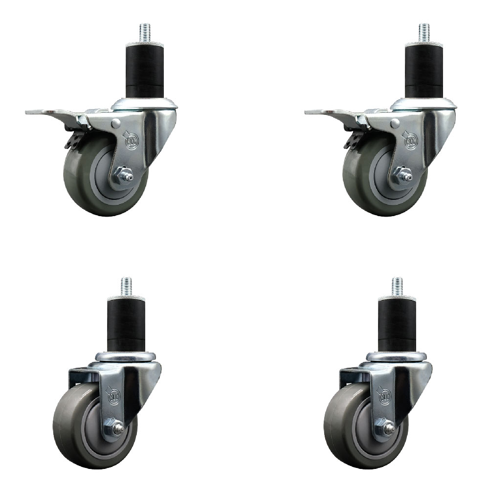 Stainless Steel Polyurethane Swivel Expanding Stem Caster Set of 4 with 3 Inch Gray Wheels and 1-3/4" Stems - Includes 2 with Total Locking Brakes - 1200 lbs Total Capacity - Service Caster Brand — photo 1