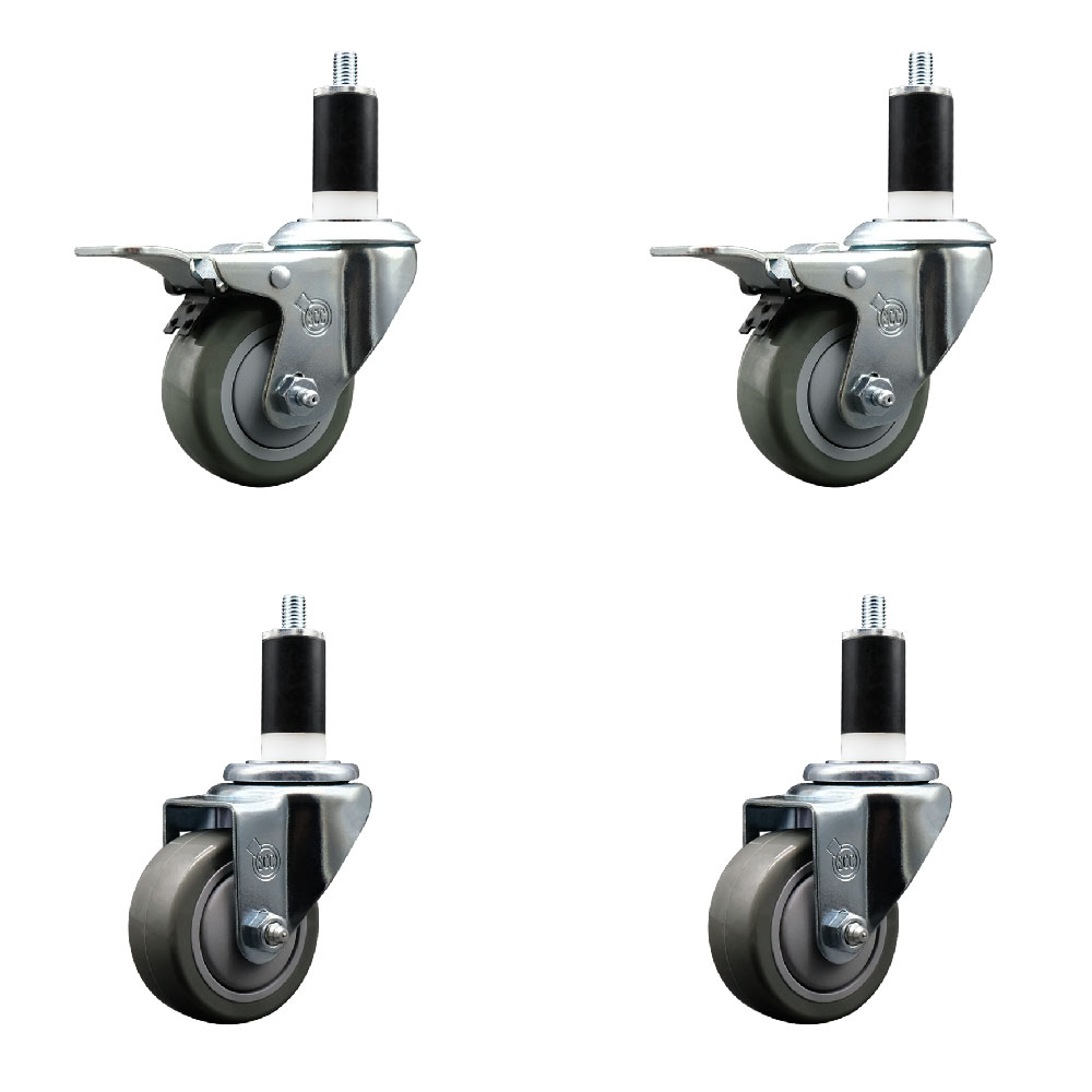 Polyurethane Swivel Expanding Stem Caster Set of 4 with 3 Inch Gray Wheels and 1-3/8" Stems - Includes 2 with Total Locking Brakes - 1200 lbs Total Capacity - Service Caster Brand — photo 1