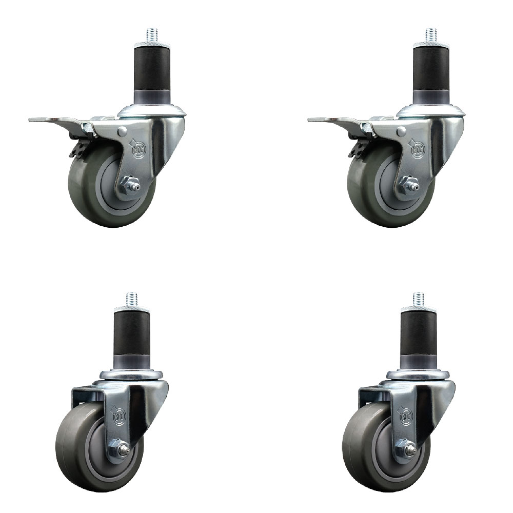 Stainless Steel Polyurethane Swivel Expanding Stem Caster Set of 4 with 3 Inch Gray Wheels and 1-5/8" Stems - Includes 2 with Total Locking Brakes - 1200 lbs Total Capacity - Service Caster Brand — photo 1