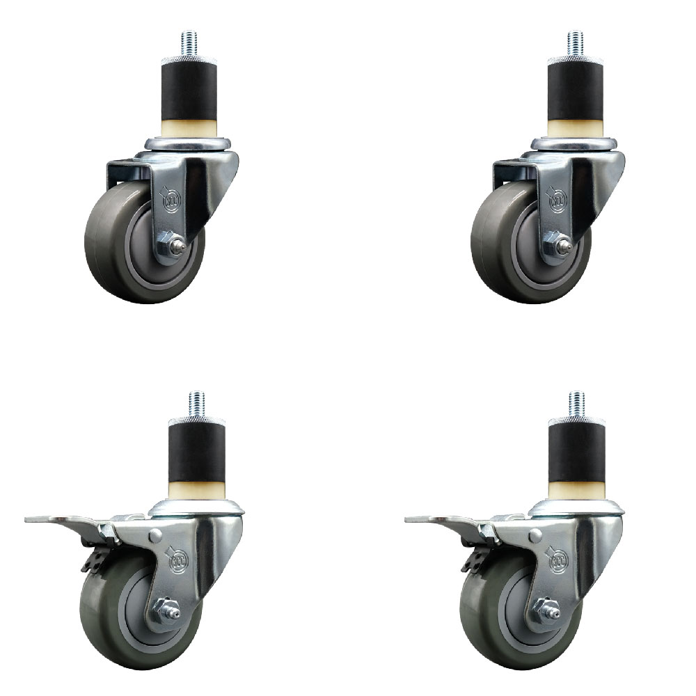 Polyurethane Swivel Expanding Stem Caster Set of 4 with 3 Inch Gray Wheels and 1-7/8" Stems - Includes 2 with Total Locking Brakes - 1200 lbs Total Capacity - Service Caster Brand — photo 1
