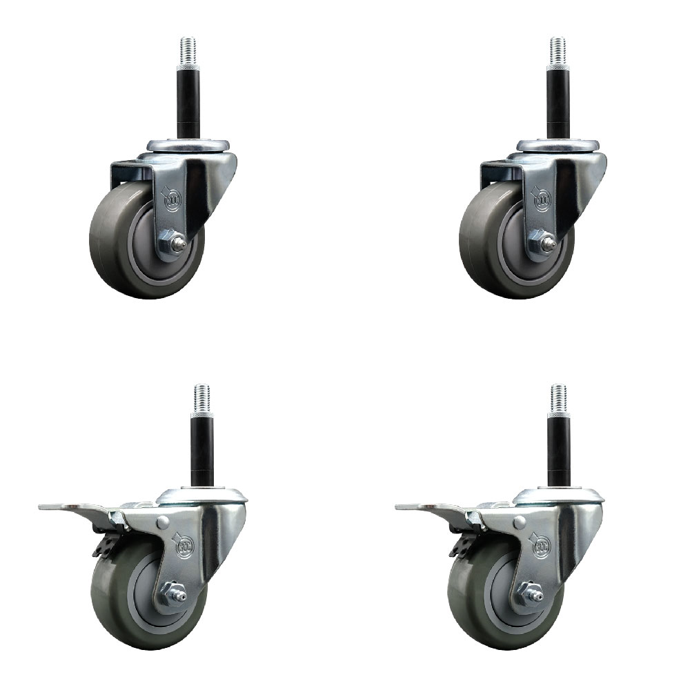 Stainless Steel Polyurethane Swivel Expanding Stem Caster Set of 4 with 3 Inch Gray Wheels and 3/4" Stems - Includes 2 with Total Locking Brakes - 1200 lbs Total Capacity - Service Caster Brand — photo 1