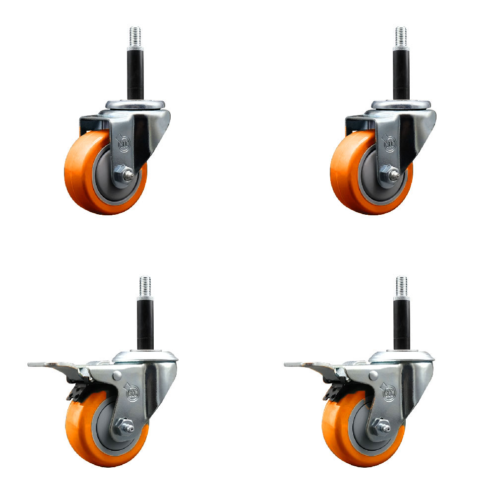 Polyurethane Swivel Stem Caster Set of 4 with 3 Inch Orange Caster Wheels - 3/4" Expanding Stem-316 Stainless Steel Casters - Includes 2 Swivel with Total Lock Brakes and 2 Swivel-Service Caster Brand — photo 1