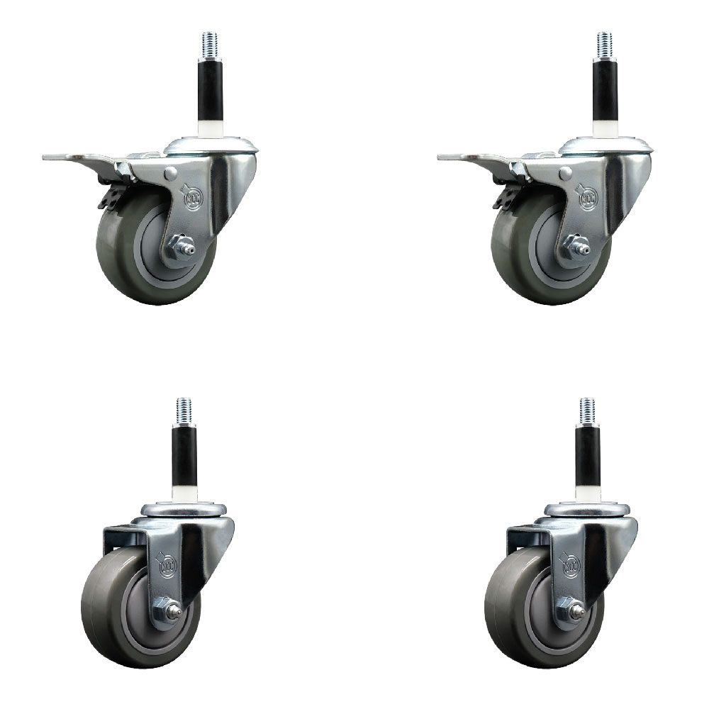 Stainless Steel Polyurethane Swivel Expanding Stem Caster Set of 4 with 3 Inch Gray Wheels and 7/8" Stems - Includes 2 with Total Locking Brakes - 1200 lbs Total Capacity - Service Caster Brand — photo 1