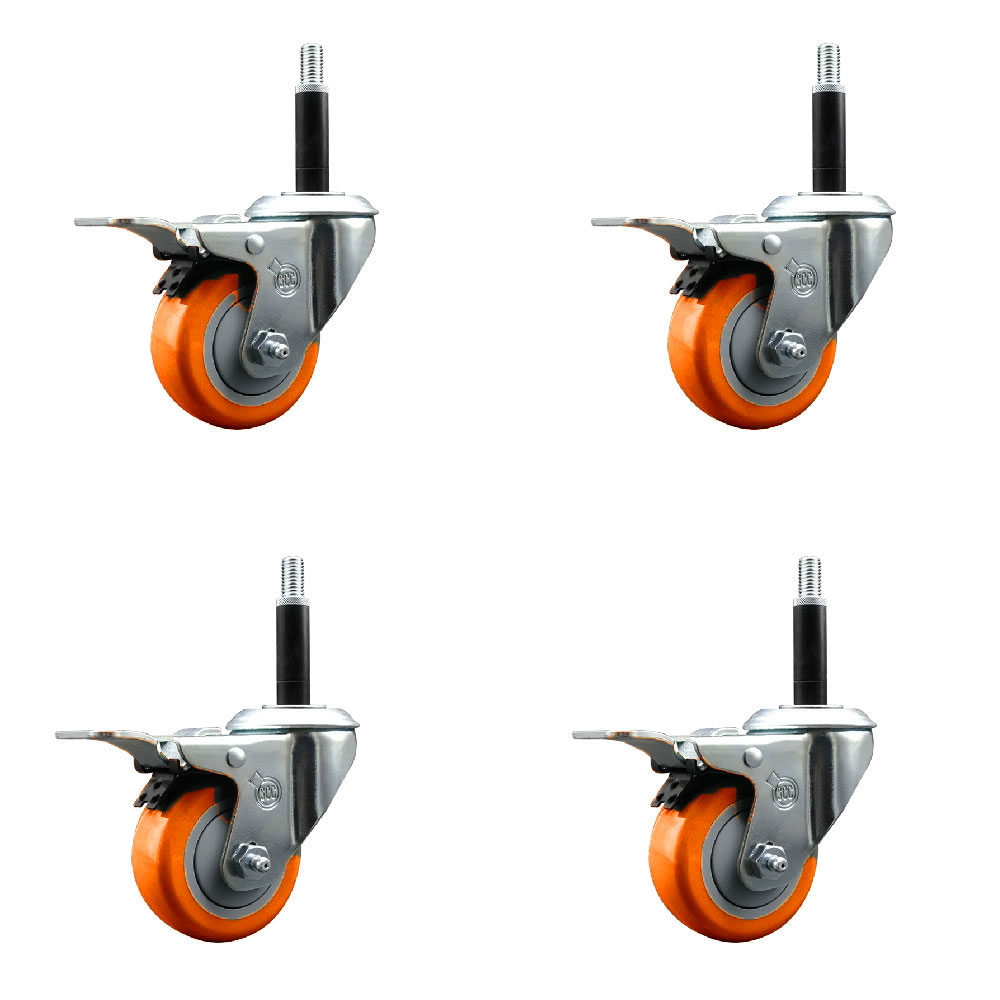 Polyurethane Swivel Stem Caster Set of 4 with 3 Inch Orange Caster Wheels - 3/4" Expanding Stems - 316 Stainless Steel Casters - Includes 4 Swivel Casters with Total Lock Brakes - Service Caster Brand — photo 1