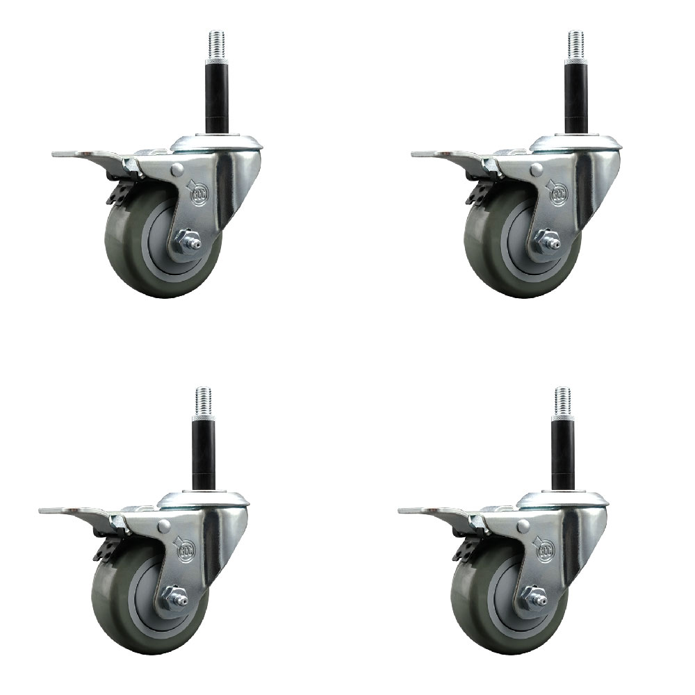 Stainless Steel Polyurethane Swivel Expanding Stem Caster Set of 4 with 3 Inch Gray Wheels and 3/4" Stems - 4 Swivel with Total Locking Brakes - 300 lbs. Capacity Per Caster - Service Caster Brand — photo 1