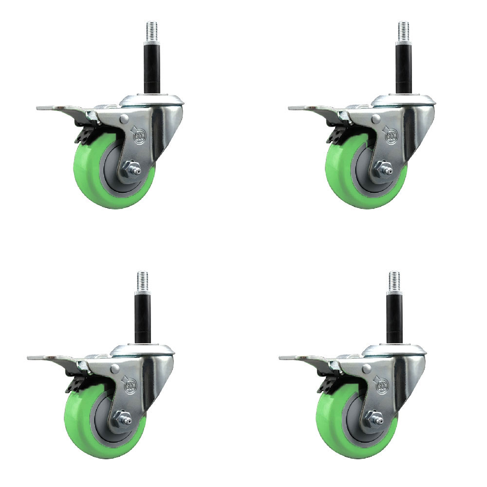 Stainless Steel Polyurethane Swivel Expanding Stem Caster Set of 4 with 3 Inch Green Wheels and 3/4" Stems-Includes 4 Swivel with Total Locking Brakes-300 lbs. Capacity Per Caster-Service Caster Brand — photo 1