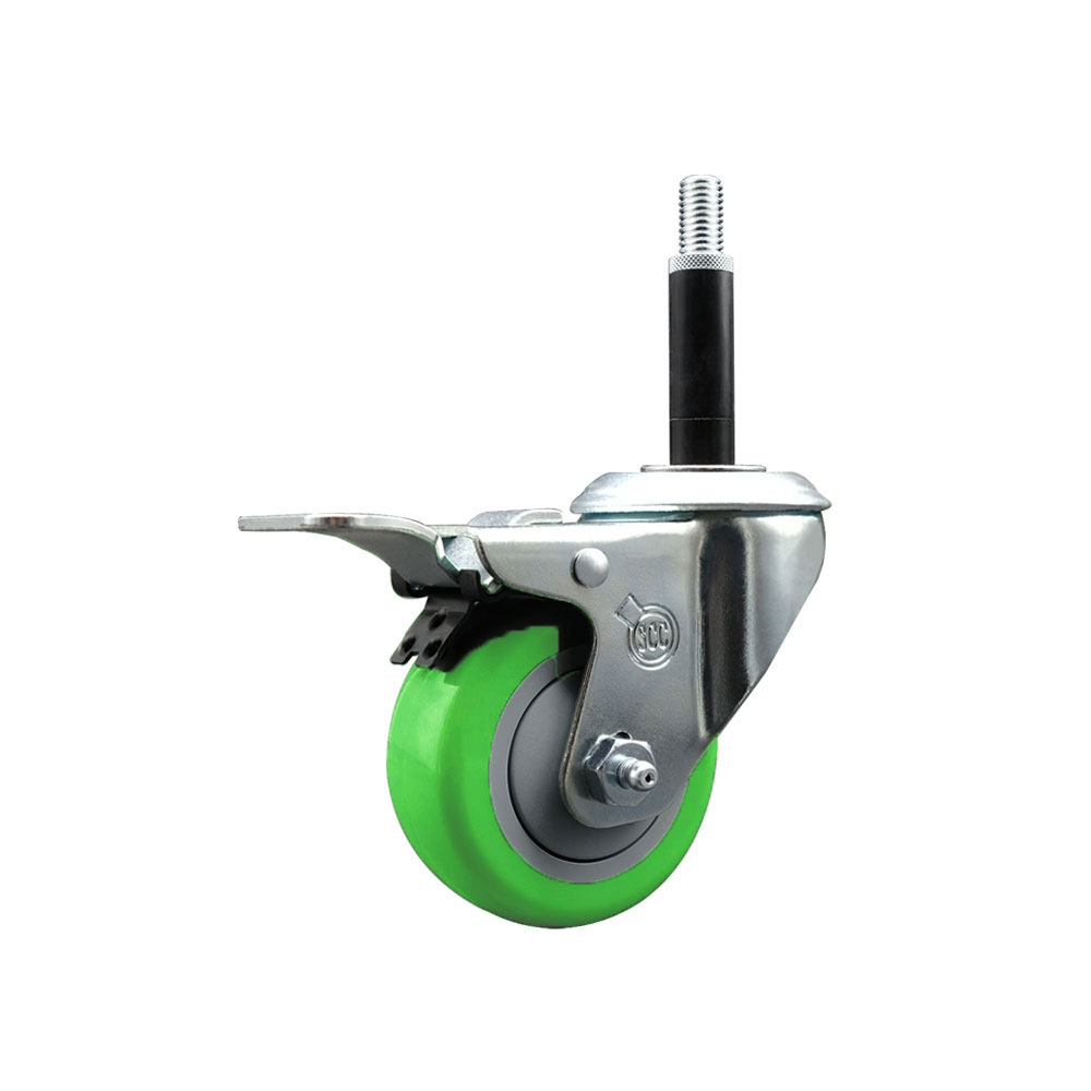Stainless Steel Polyurethane Expanding Stem Swivel Caster with 3 Inch Green Wheel and 3/4" Stem & Total Locking Brake - 300 lbs. Capacity Per Caster - Service Caster Brand — photo 1