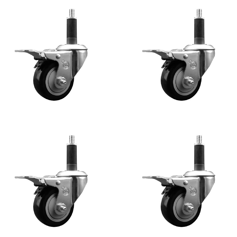 Polyurethane Swivel Expanding Stem Caster Set of 4 with 3 Inch Black Wheels and 1" Stems - Includes 4 Swivel with Total Locking Brakes - 300 lbs. Capacity Per Caster - Service Caster Brand — photo 1