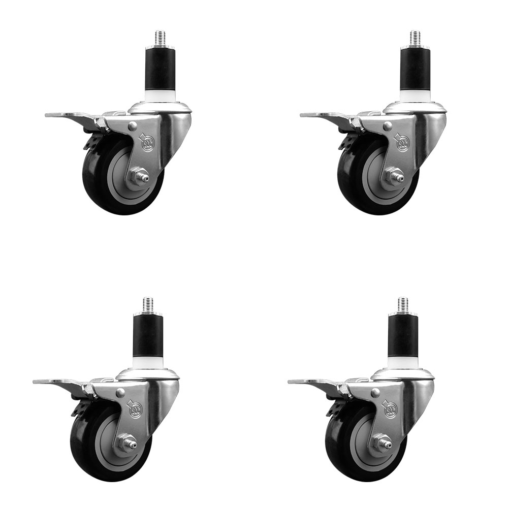 Stainless Steel Polyurethane Swivel Expanding Stem Caster Set of 4 with 3 Inch Black Wheels and 1-1/2" Stems - 4 Swivel with Total Locking Brakes - 300 lbs. Capacity Per Caster - Service Caster Brand — photo 1