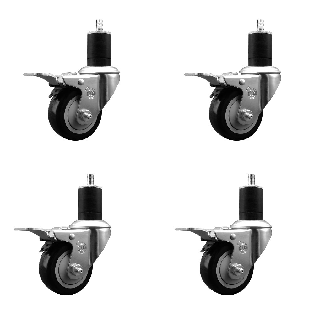 Stainless Steel Polyurethane Swivel Expanding Stem Caster Set of 4 with 3 Inch Black Wheels and 1-3/4" Stems - 4 Swivel with Total Locking Brakes - 300 lbs. Capacity Per Caster - Service Caster Brand — photo 1