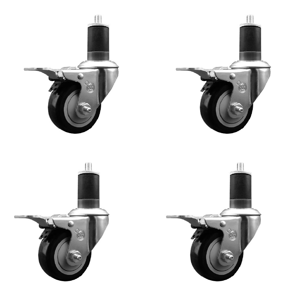 Stainless Steel Polyurethane Swivel Expanding Stem Caster Set of 4 with 3 Inch Black Wheels and 1-5/8" Stems - 4 Swivel with Total Locking Brakes - 300 lbs. Capacity Per Caster - Service Caster Brand — photo 1