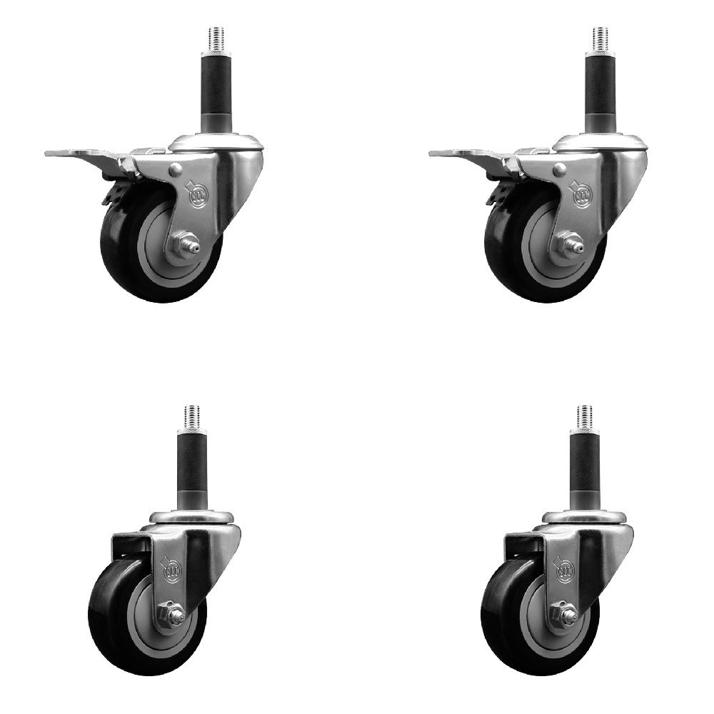 Stainless Steel Polyurethane Swivel Expanding Stem Caster Set of 4 with 3 Inch Black Wheels and 1" Stems - Includes 2 with Total Locking Brakes - 1200 lbs Total Capacity - Service Caster Brand — photo 1
