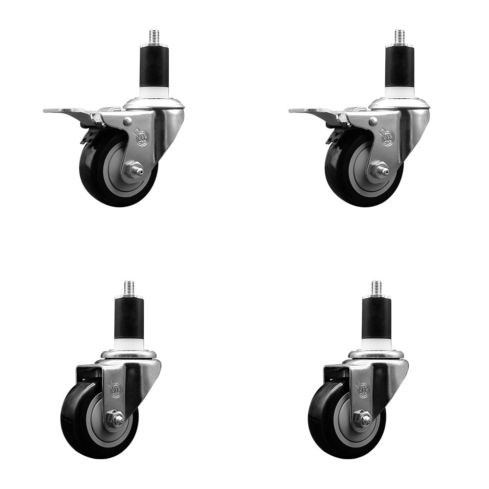 Polyurethane Swivel Expanding Stem Caster Set of 4 with 3 Inch Black Wheels and 1-1/2" Stems - Includes 2 with Total Locking Brakes - 1200 lbs Total Capacity - Service Caster Brand — photo 1