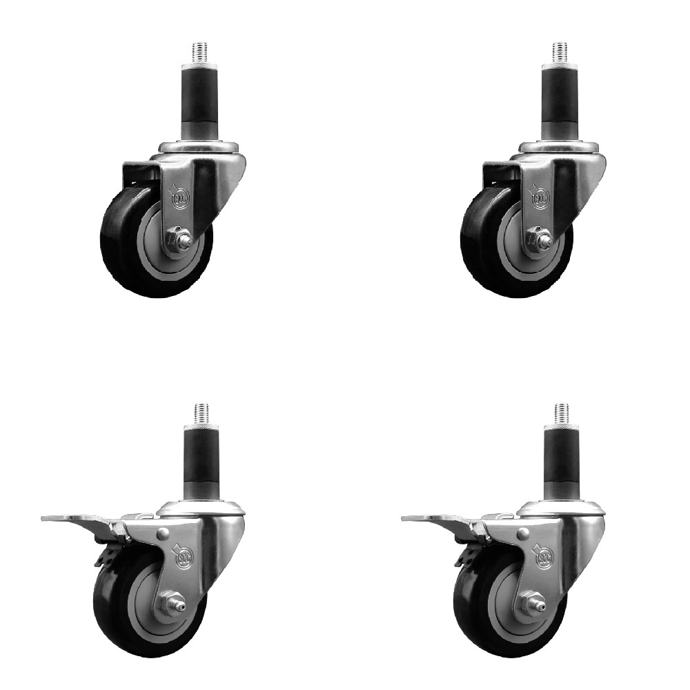 Polyurethane Swivel Expanding Stem Caster Set of 4 with 3 Inch Black Wheels and 1-1/4" Stems - Includes 2 with Total Locking Brakes - 1200 lbs Total Capacity - Service Caster Brand — photo 1
