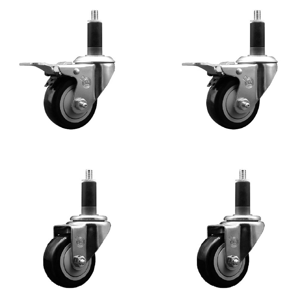 Polyurethane Swivel Expanding Stem Caster Set of 4 with 3 Inch Black Wheels and 1-1/8" Stems - Includes 2 with Total Locking Brakes - 1200 lbs Total Capacity - Service Caster Brand — photo 1