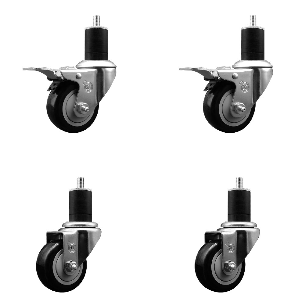 Stainless Steel Polyurethane Swivel Expanding Stem Caster Set of 4 with 3 Inch Black Wheels and 1-3/4" Stems - Includes 2 with Total Locking Brakes - 1200 lbs Total Capacity - Service Caster Brand — photo 1