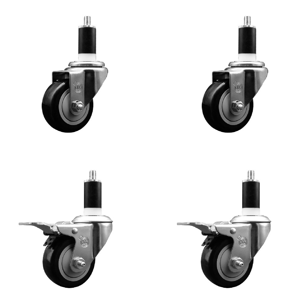 Polyurethane Swivel Expanding Stem Caster Set of 4 with 3 Inch Black Wheels and 1-3/8" Stems - Includes 2 with Total Locking Brakes - 1200 lbs Total Capacity - Service Caster Brand — photo 1