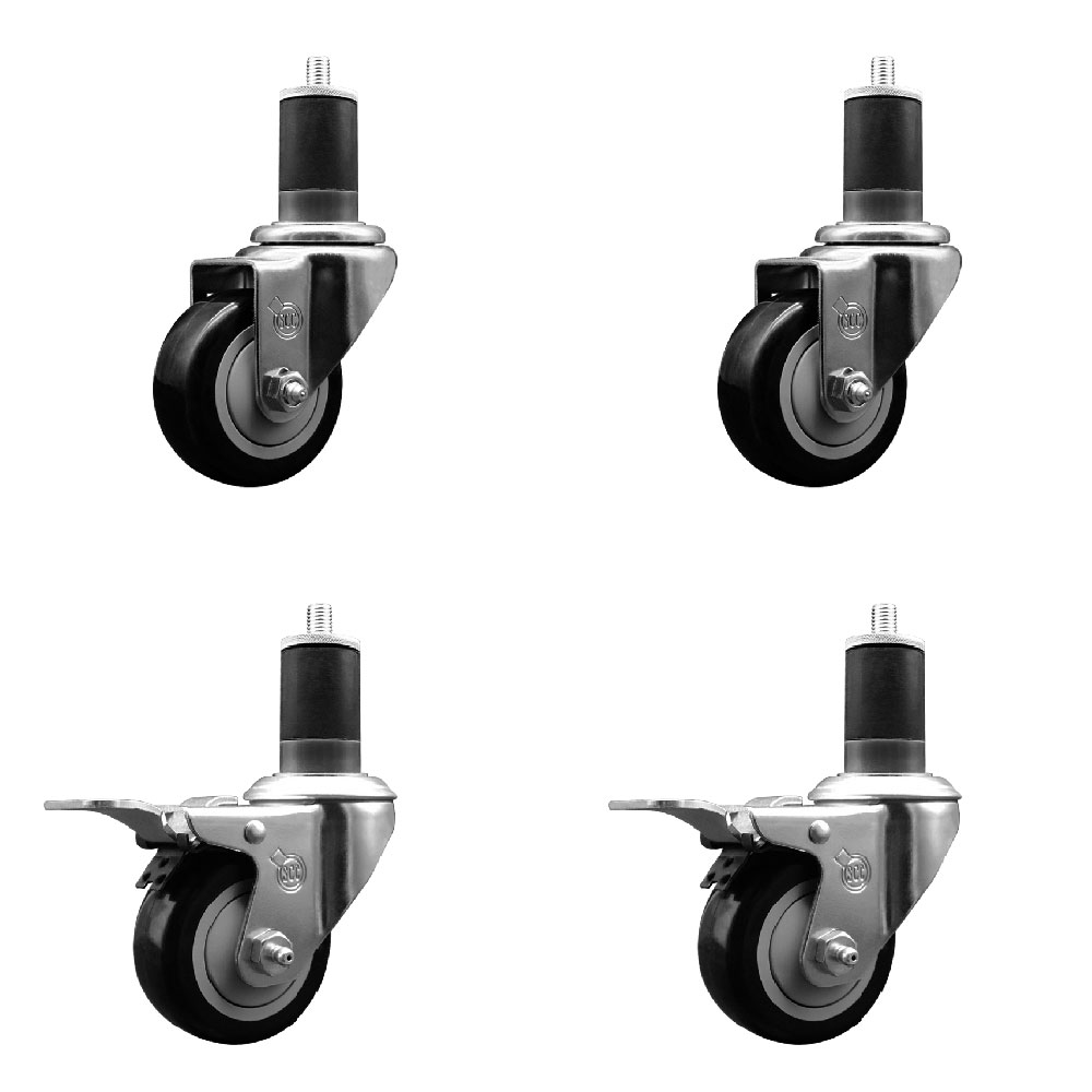 Polyurethane Swivel Expanding Stem Caster Set of 4 with 3 Inch Black Wheels and 1-5/8" Stems - Includes 2 with Total Locking Brakes - 1200 lbs Total Capacity - Service Caster Brand — photo 1