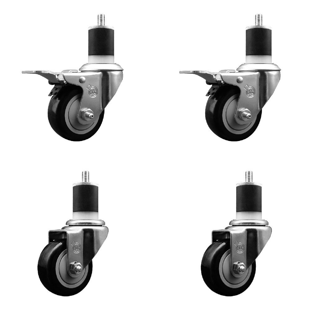 Polyurethane Swivel Expanding Stem Caster Set of 4 with 3 Inch Black Wheels and 1-7/8" Stems - Includes 2 with Total Locking Brakes - 1200 lbs Total Capacity - Service Caster Brand — photo 1