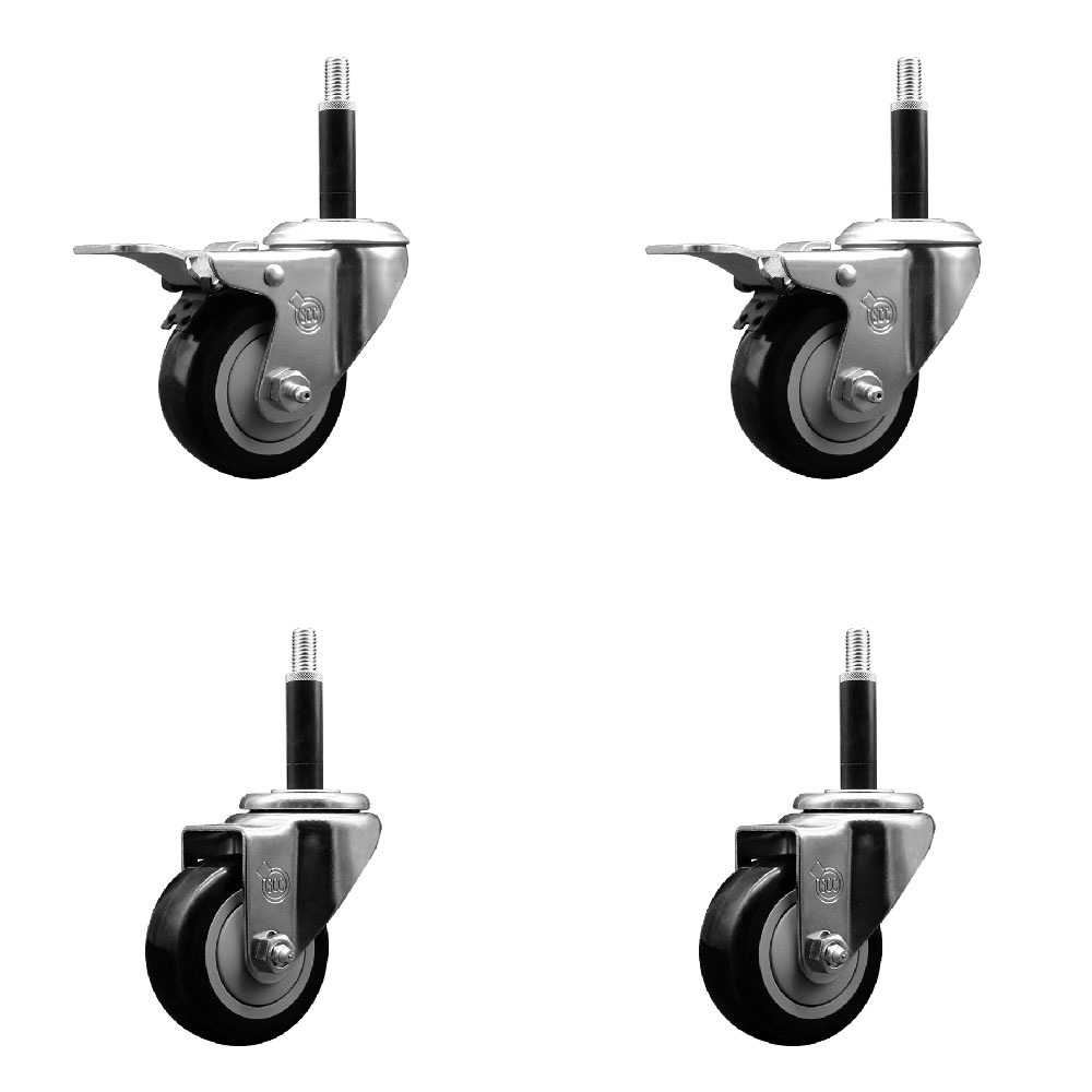 Stainless Steel Polyurethane Swivel Expanding Stem Caster Set of 4 with 3 Inch Black Wheels and 3/4" Stems - Includes 2 with Total Locking Brakes - 1200 lbs Total Capacity - Service Caster Brand — photo 1