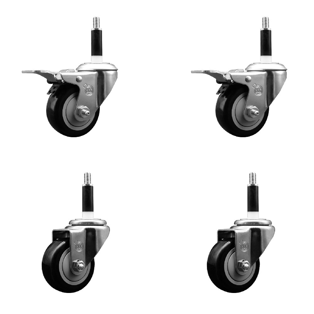 Stainless Steel Polyurethane Swivel Expanding Stem Caster Set of 4 with 3 Inch Black Wheels and 7/8" Stems - Includes 2 with Total Locking Brakes - 1200 lbs Total Capacity - Service Caster Brand — photo 1