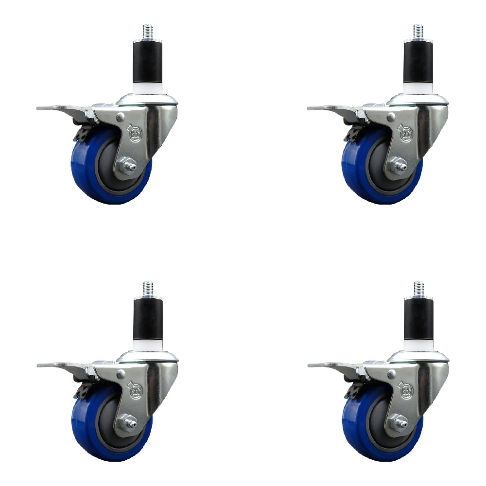 Stainless Steel Polyurethane Swivel Expanding Stem Caster Set of 4 with 3 Inch Blue Wheels and 1-1/2" Stems - 4 Swivel with Total Locking Brakes - 300 lbs. Capacity Per Caster - Service Caster Brand — photo 1