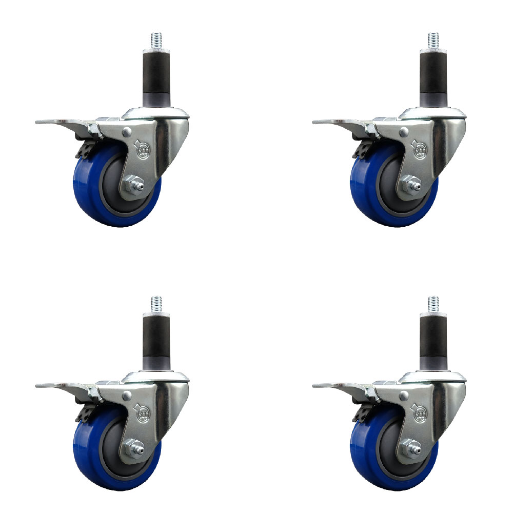 Stainless Steel Polyurethane Swivel Expanding Stem Caster Set of 4 with 3 Inch Blue Wheels and 1-1/4" Stems - 4 Swivel with Total Locking Brakes - 300 lbs. Capacity Per Caster - Service Caster Brand — photo 1