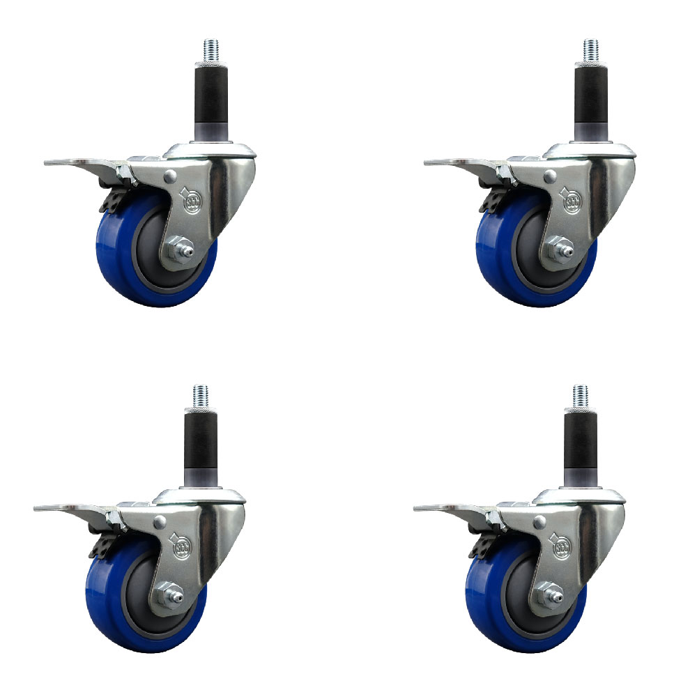 Stainless Steel Polyurethane Swivel Expanding Stem Caster Set of 4 with 3 Inch Blue Wheels and 1-1/8" Stems - 4 Swivel with Total Locking Brakes - 300 lbs. Capacity Per Caster - Service Caster Brand — photo 1