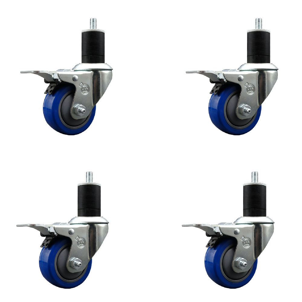 Stainless Steel Polyurethane Swivel Expanding Stem Caster Set of 4 with 3 Inch Blue Wheels and 1-3/4" Stems - 4 Swivel with Total Locking Brakes - 300 lbs. Capacity Per Caster - Service Caster Brand — photo 1
