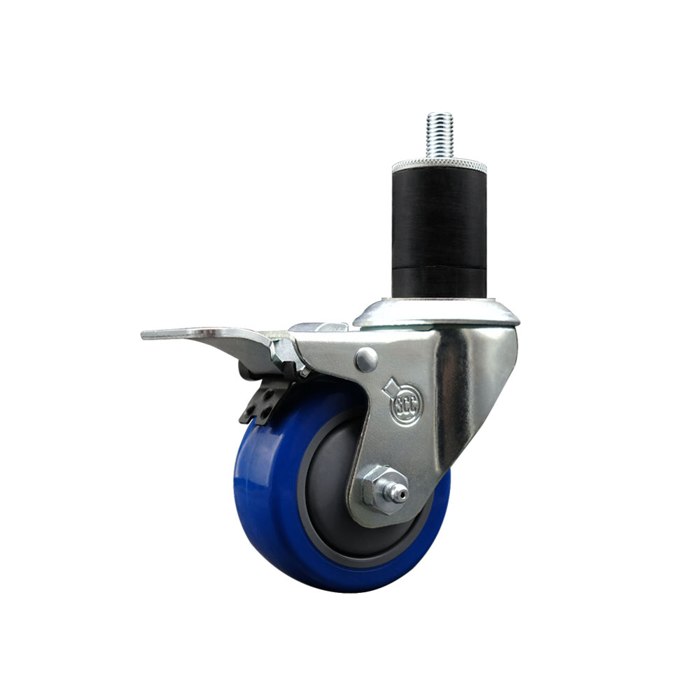 Stainless Steel Polyurethane Expanding Stem Swivel Caster with 3 Inch Blue Wheel and 1-3/4" Stem & Total Locking Brake - 300 lbs. Capacity Per Caster - Service Caster Brand — photo 1