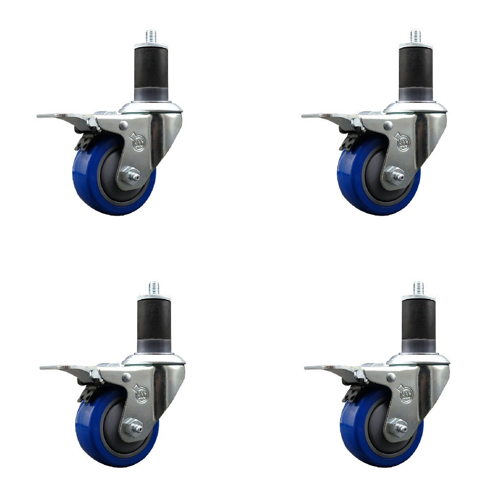 Stainless Steel Polyurethane Swivel Expanding Stem Caster Set of 4 with 3 Inch Blue Wheels and 1-5/8" Stems - 4 Swivel with Total Locking Brakes - 300 lbs. Capacity Per Caster - Service Caster Brand — photo 1