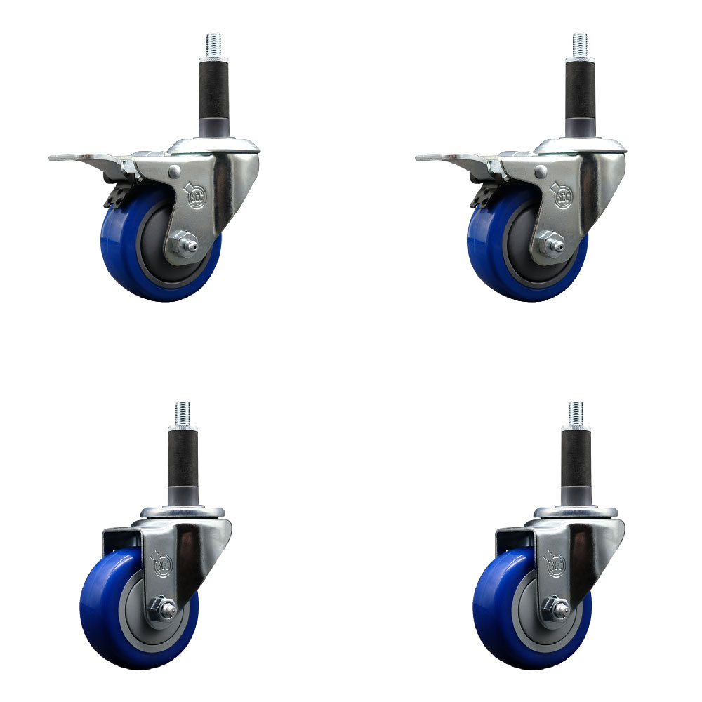 Stainless Steel Polyurethane Swivel Expanding Stem Caster Set of 4 with 3 Inch Blue Wheels and 1" Stems - Includes 2 with Total Locking Brakes - 1200 lbs Total Capacity - Service Caster Brand — photo 1