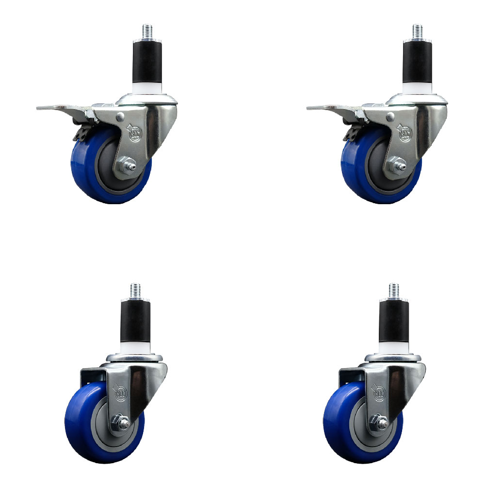 Polyurethane Swivel Expanding Stem Caster Set of 4 with 3 Inch Blue Wheels and 1-1/2" Stems - Includes 2 with Total Locking Brakes - 1200 lbs Total Capacity - Service Caster Brand — photo 1