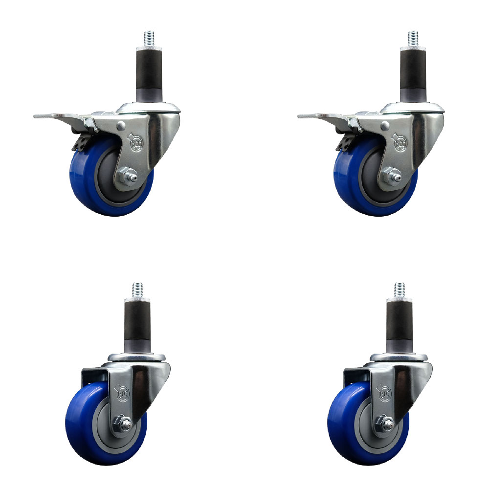 Stainless Steel Polyurethane Swivel Expanding Stem Caster Set of 4 with 3 Inch Blue Wheels and 1-1/4" Stems - Includes 2 with Total Locking Brakes - 1200 lbs Total Capacity - Service Caster Brand — photo 1