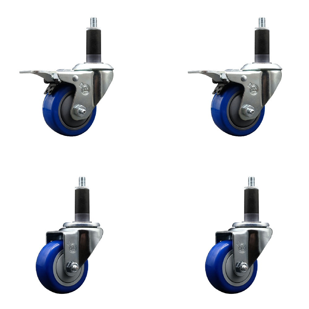 Stainless Steel Polyurethane Swivel Expanding Stem Caster Set of 4 with 3 Inch Blue Wheels and 1-1/8" Stems - Includes 2 with Total Locking Brakes - 1200 lbs Total Capacity - Service Caster Brand — photo 1