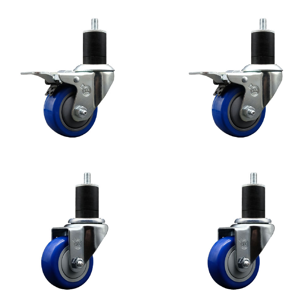 Stainless Steel Polyurethane Swivel Expanding Stem Caster Set of 4 with 3 Inch Blue Wheels and 1-3/4" Stems - Includes 2 with Total Locking Brakes - 1200 lbs Total Capacity - Service Caster Brand — photo 1